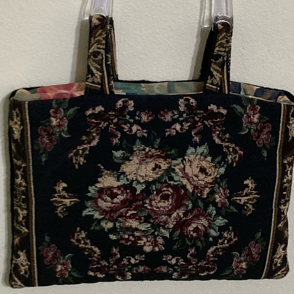 Black tapestry floral bag vintageflair originals handmade by Frances